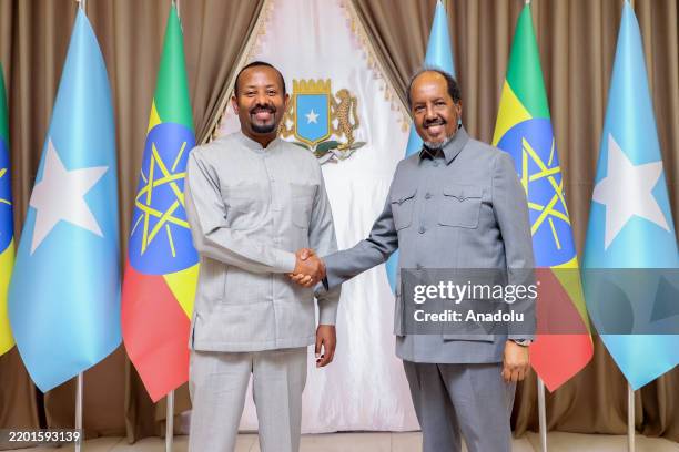 Ethiopian Prime Minister Abiy Ahmed meets with the Somalian President Hassan Sheikh Mohamud during his official visit in Mogadishu, Somalia on...