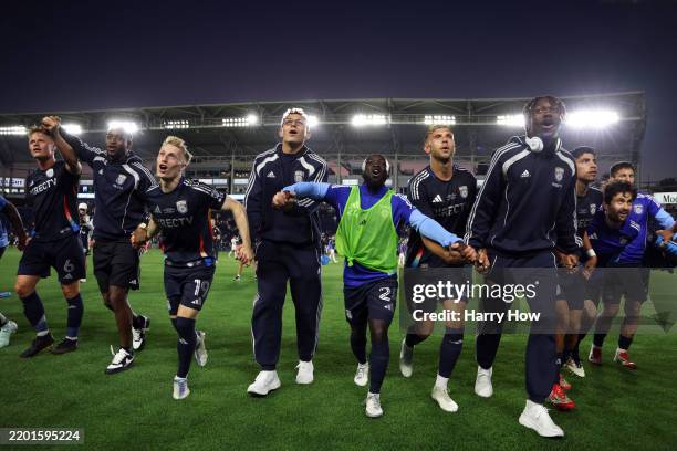 San Diego FC celebrate their 2-0 win in an MLS match between LA Galaxy and San Diego FC at Dignity Health Sports Park on February 23, 2025 in Carson,...