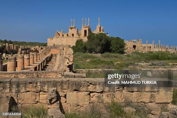 This picture shows a view the ancient Roman city of Leptis Magna near the coastal Libyan city of Al-Khums, 120Km east of the capital, on February 27,...