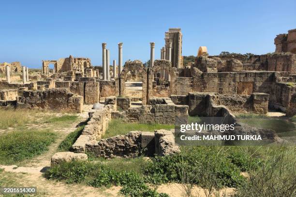 This picture shows a view the ancient Roman city of Leptis Magna near the coastal Libyan city of Al-Khums, 120Km east of the capital, on February 27,...
