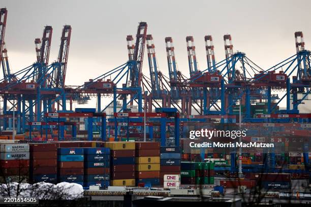 General view shows the container terminal 'Eurogate' in the harbour of the northern German city of Hamburg Port on February 27, 2025 in Hamburg,...