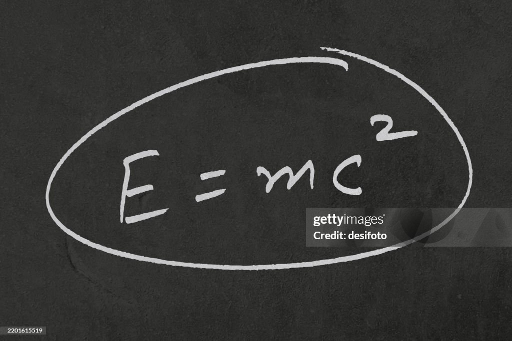 Horizontal rough textured dark black vector background with encircled white text equation formula in chalk - E=mc2 energy mass equivalence on a grungy blackboard slate