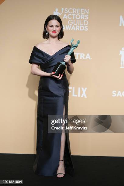 Selena Gomez, winner of Outstanding Performance by an Ensemble in a Comedy Series for "Only Murders in the Building," poses in the press room during...