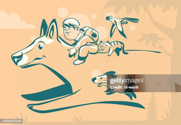 schoolboy riding on big wolf running with pets - person running with dog drawing stock illustrations