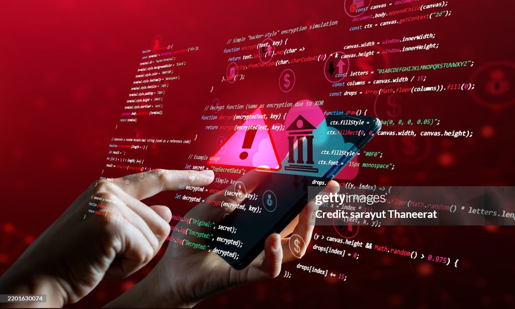 Thief hacker in stealing your money. Illustration.Businessman use laptop analyze economic graph with warning sign for caution in investing economic situation warning, Business investment risks. Economic crisis and global economic recession.