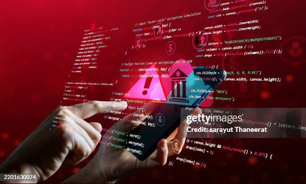 thief hacker in stealing your money. illustration.businessman use laptop analyze economic graph with warning sign for caution in investing economic situation warning, business investment risks. economic crisis and global economic recession. - hacker imagens e fotografias de stock