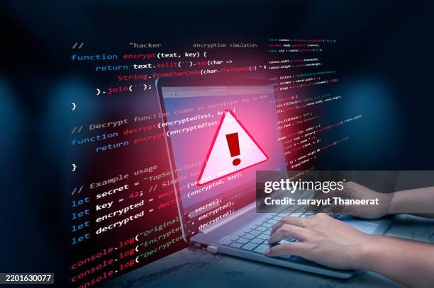 caution sign data unlocking hackers. malicious software, virus and cybercrime, system warning hacked alert, cyberattack on online network, data breach, risk of website. compromised information concept. - spyware fotografías e imágenes de stock