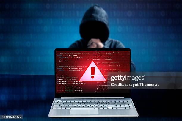 caution sign data unlocking hackers. malicious software, virus and cybercrime, system warning hacked alert, cyberattack on online network, data breach, risk of website. compromised information concept. - computerhacker stock-fotos und bilder