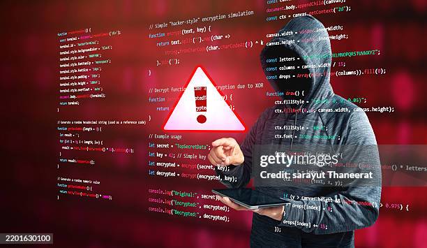 caution sign data unlocking hackers. malicious software, virus and cybercrime, system warning hacked alert, cyberattack on online network, data breach, risk of website. compromised information concept. - malicious code stock pictures, royalty-free photos & images