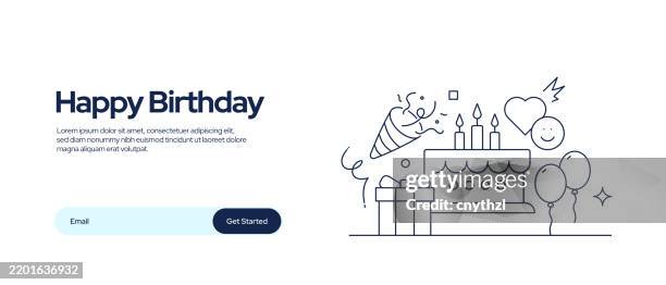 happy birthday concept line art style vector illustration. design for web page, banner, poster, print etc. - birthday banner stock illustrations