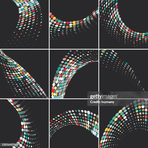 abstract dynamic colorful half tone polka dots texture on black background set - dots pattern stock illustrations