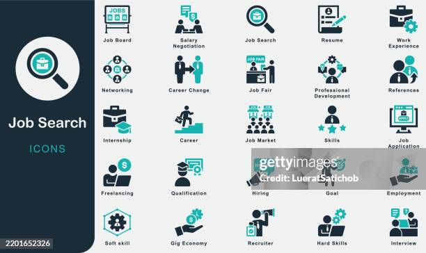 job search solid icons collection.containing goal, interview, skills, resume, career, qualification, application, networking, job fair, job board, recruiter, employment, hiring, internship, references - headquarters stock illustrations