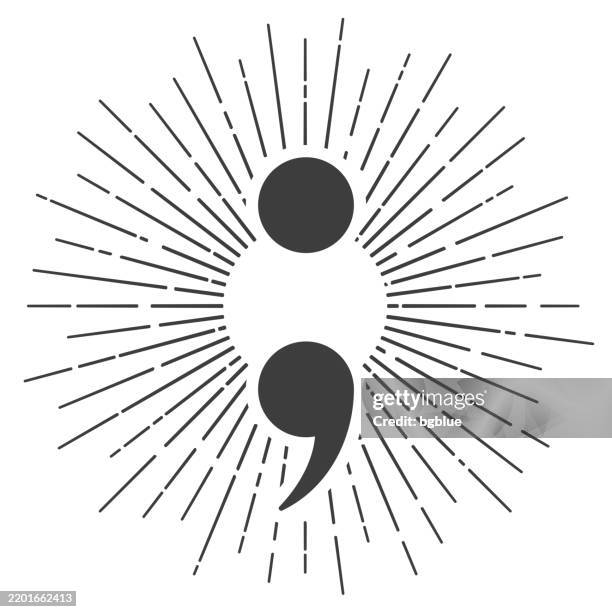 semikolon-symbol. symbol mit sonnenstrahlen auf weißem hintergrund - komma stock-grafiken, -clipart, -cartoons und -symbole