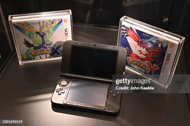 Nintendo 3DS console along side Pokemon games is displayed during the Pokémon European International Championship 2025 at ExCel London on February...