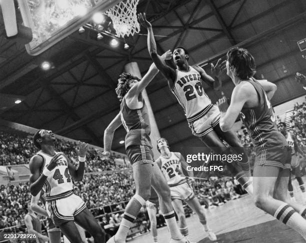 Rutgers University's basketball team in action against the USSR National Team in New Jersey, November 21st 1977.