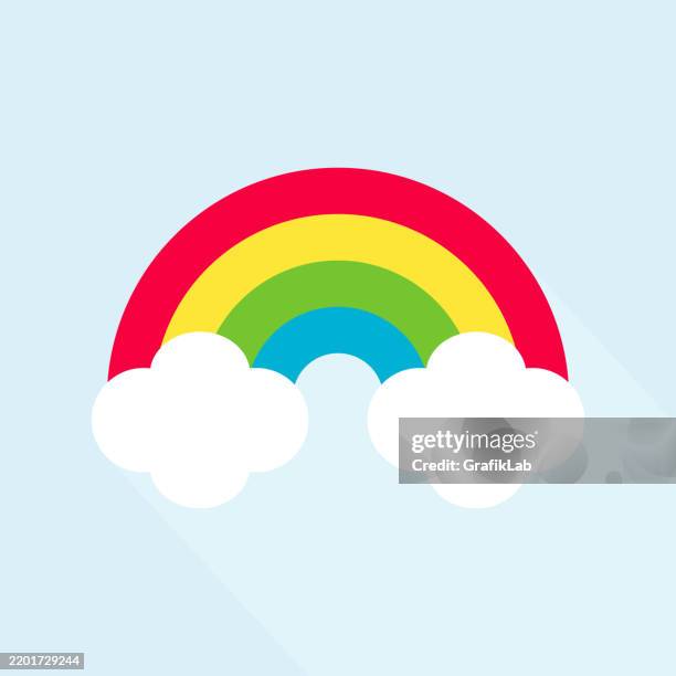 colorful rainbow with white fluffy clouds - soft play stock illustrations