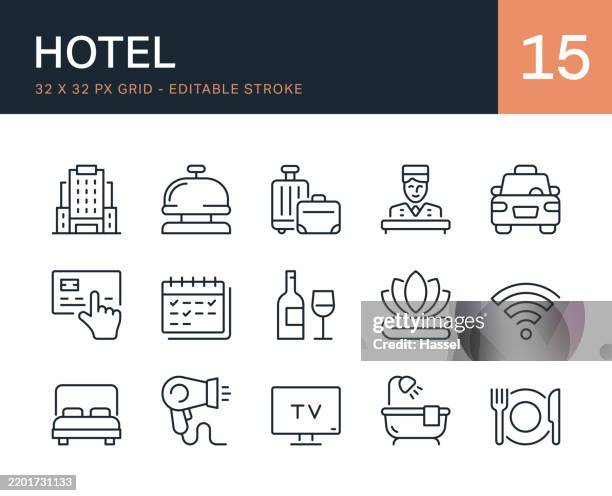 stockillustraties, clipart, cartoons en iconen met hotel icon set isolated on white background. editable stroke vector style icon symbols. - hotelreceptie