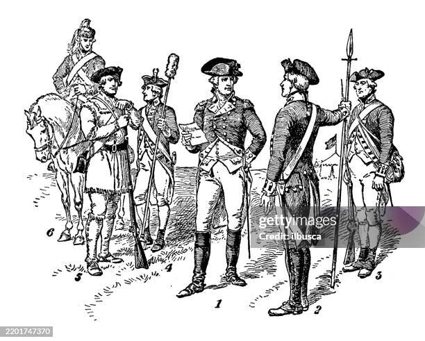 repräsentative revolutionäre soldaten - amerikanische revolution stock-grafiken, -clipart, -cartoons und -symbole