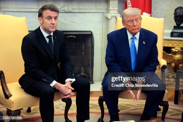President Donald Trump meets with French President Emmanuel Macron in the Oval Office at the White House on February 24, 2025 in Washington, DC....