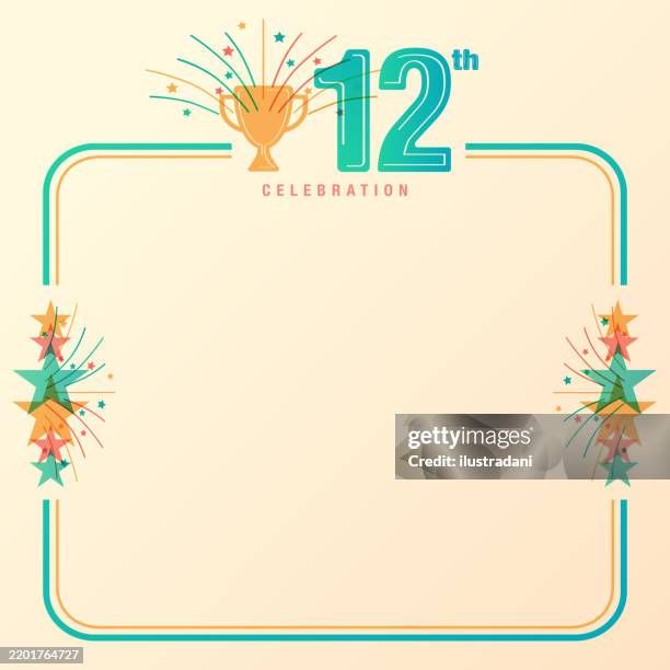 12 year logo with trophy and fireworks template with text space - birthday pattern stock illustrations