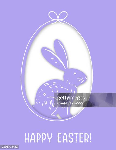cute easter card with a bunny and egg in cut paper style - easter egg isolated stock illustrations