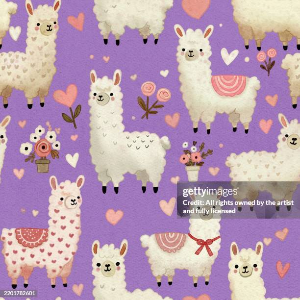 seamless alpaca pattern with hearts in soft lavender tones - deli worker cartoon stock illustrations