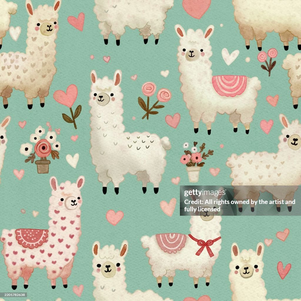 Seamless Alpaca Pattern with Hearts in Soft Mint Tones