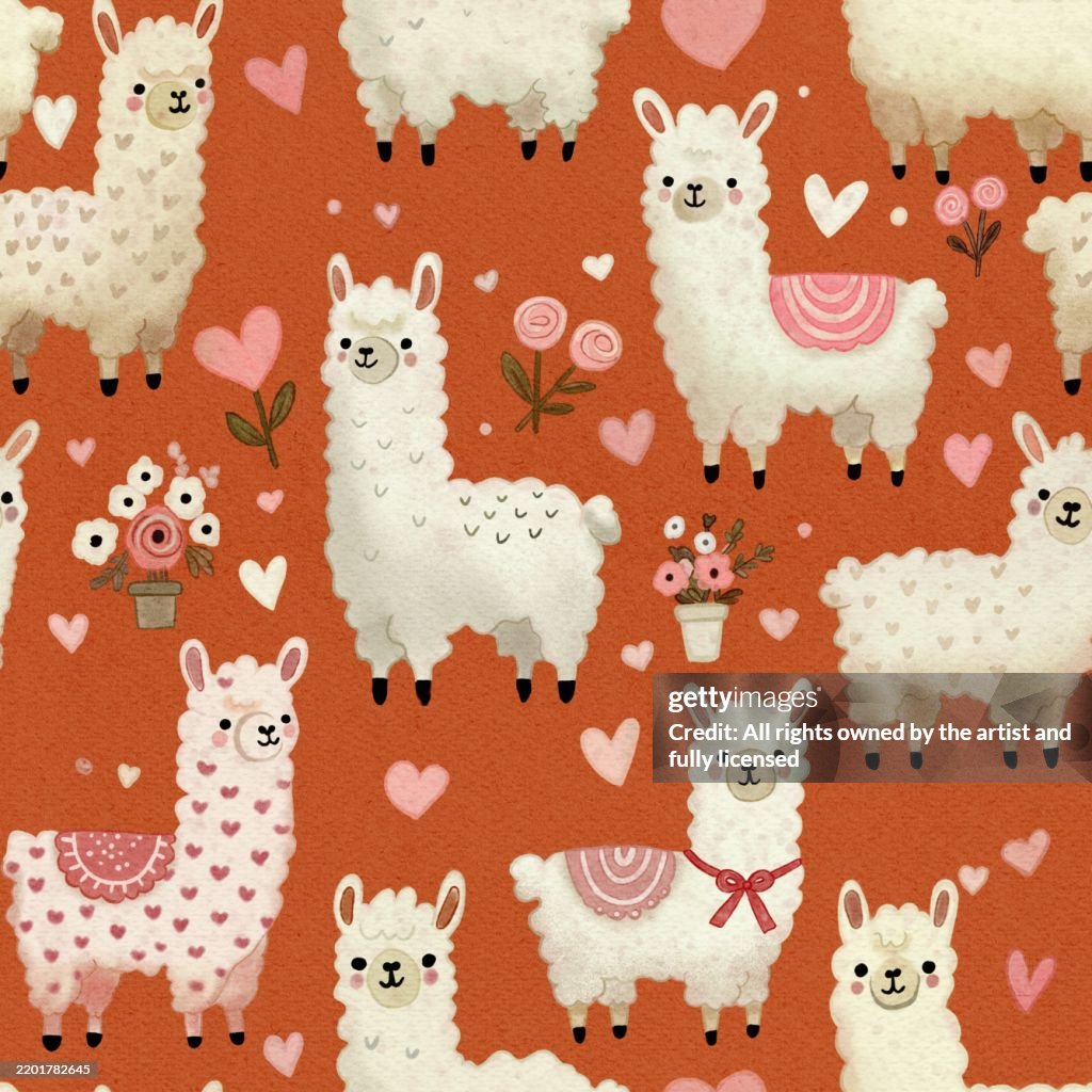 Seamless Alpaca Pattern with Hearts in Warm Terracotta Tones