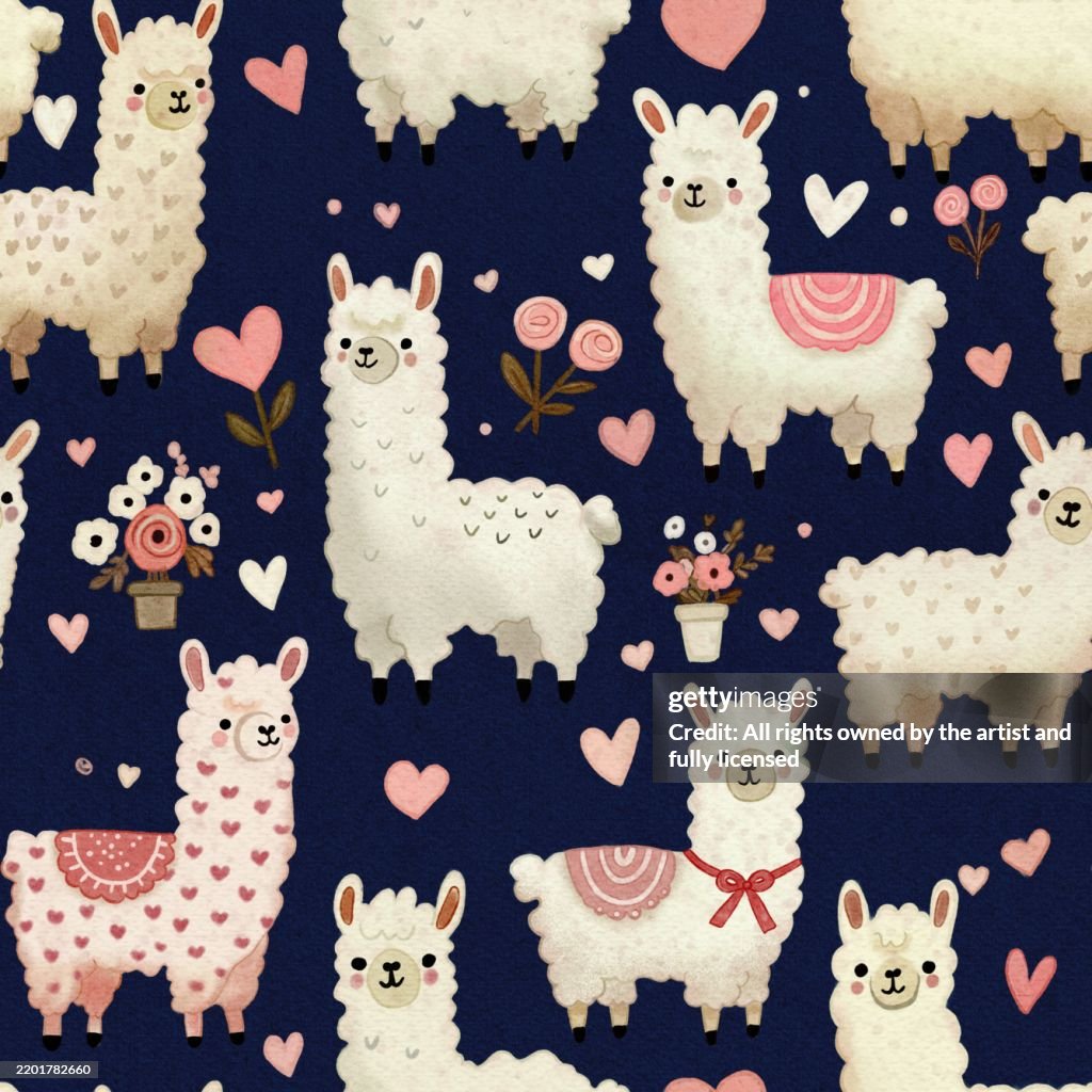 Seamless Alpaca Pattern with Hearts in Deep Navy Tones