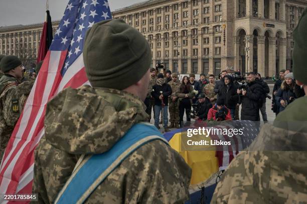 Ukraine pays tribute to the fallen American citizen fighting for the Ukrainian army US Marine Corps veteran Ethan Hertweck during his funeral on...