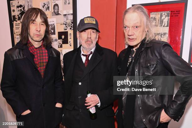 Bobby Gillespie, Mick Jones and William Orbit attend Mick Jones' Rock & Roll Public Library exhibition and magazine launch at Farsight Gallery on...