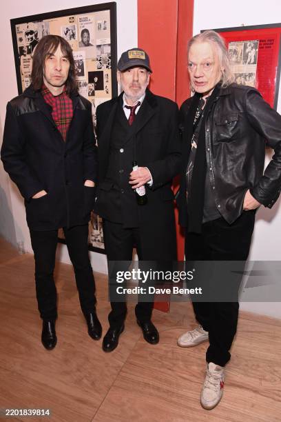 Bobby Gillespie, Mick Jones and William Orbit attend Mick Jones' Rock & Roll Public Library exhibition and magazine launch at Farsight Gallery on...