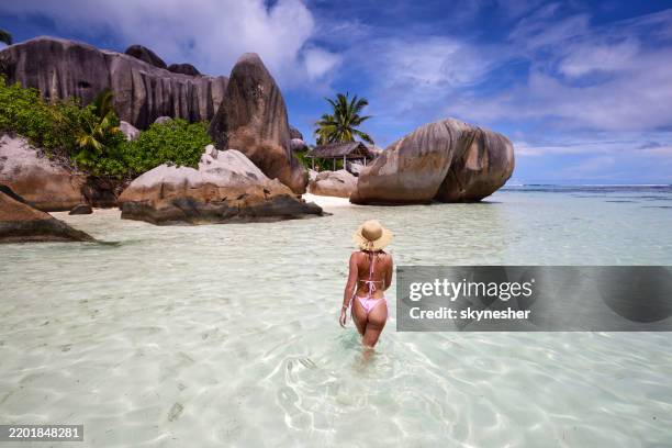 back view of carefree woman walking in sea during summer day. - indian ocean stock pictures, royalty-free photos & images