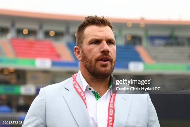 Former Australia cricketer, Aaron Finch looks on ahead of the ICC Champions Trophy 2025 match between Australia and South Africa at Rawalpindi...