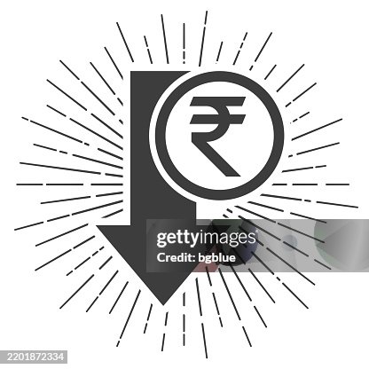 Indian rupee decrease. Icon with sunbursts on white background Indian rupee decrease. Icon with sunbursts on white background