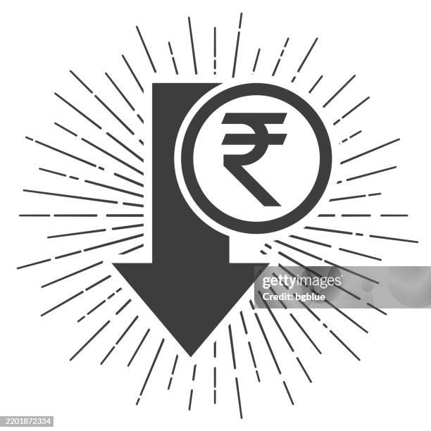 indian rupee decrease. icon with sunbursts on white background - rupee fall stock illustrations