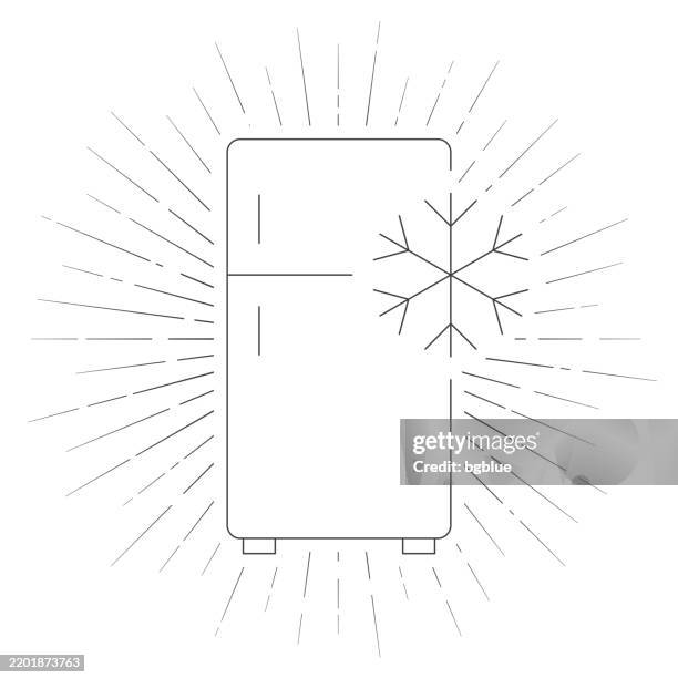 illustrations, cliparts, dessins animés et icônes de frigo avec flocon de neige. icône de ligne avec des rayons de soleil sur fond blanc - réfrigérateur fermé