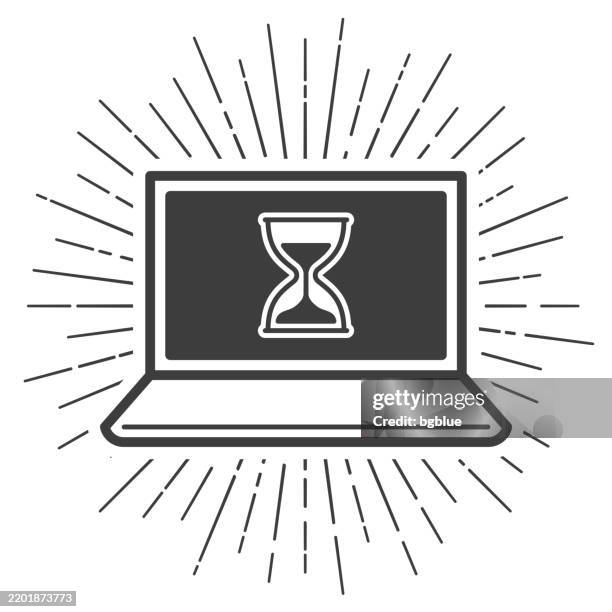 laptop with hourglass. icon with sunbursts on white background - loading screen stock illustrations