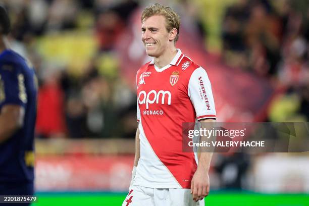 Monaco's Danish forward Mika Biereth celebrates after scoring his team's third goal during the French L1 football match between AS Monaco and Stade...