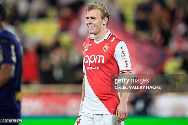 Monaco's Danish forward Mika Biereth celebrates after scoring his team's third goal during the French L1 football match between AS Monaco and Stade...
