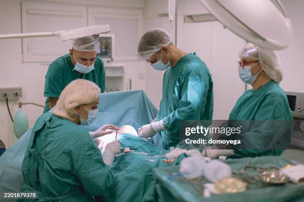 team of surgeons performing breast augmentation operation - borstimplantatie stockfoto's en -beelden
