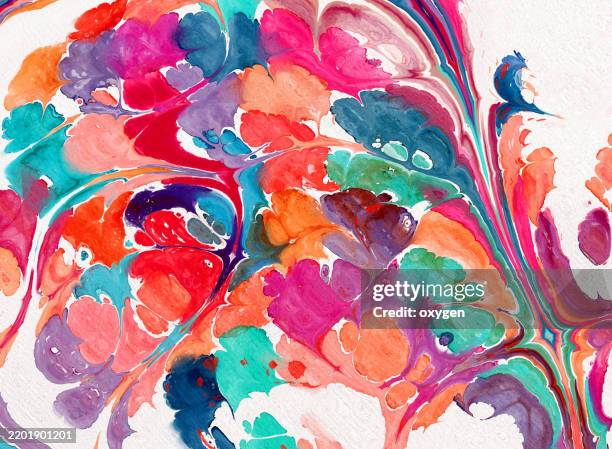 vibrant abstract fluid art with multicolor swirls. a dynamic abstract watercolor ink painting featuring colorful fluid swirls in shades of red, blue, pink, and orange, creating a marbled texture - dipinto in acrilico foto e immagini stock