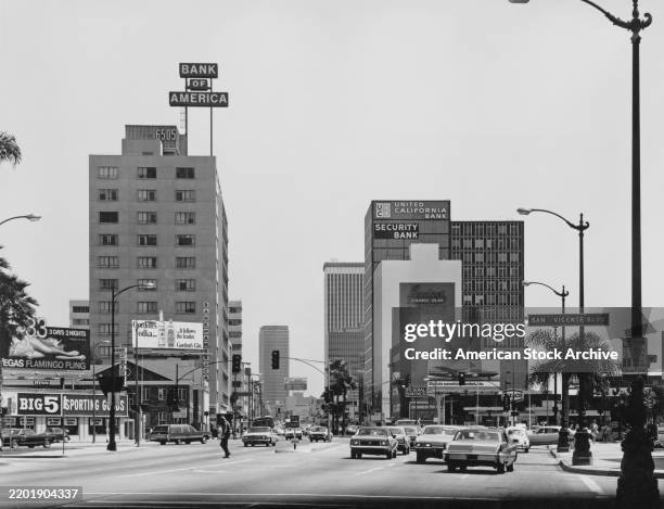 Bank of America and at United California Bank at the intersection of San Vicente and Wilshire Boulevards in the Miracle Mile neighbourhood of Los...