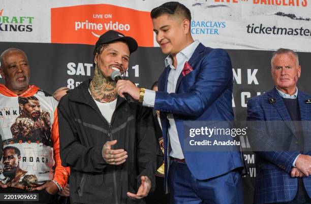 Lightweight World Champion Gervonta "Tank" Davis speaks at the weigh-in event ahead of the World Boxing Council lightweight title fight against WBA...