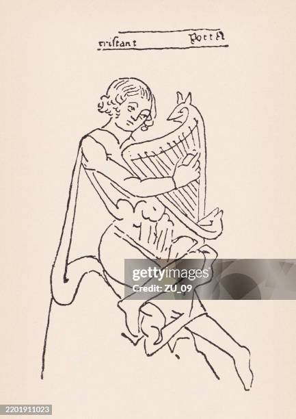 tristan, mediaval manuscript, ca. 1210, wood engraving, published in 1895 - tristan and isolde stock illustrations