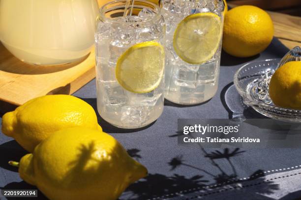 summer lemonade on table in a garden - fruit infused water pitcher stock pictures, royalty-free photos & images