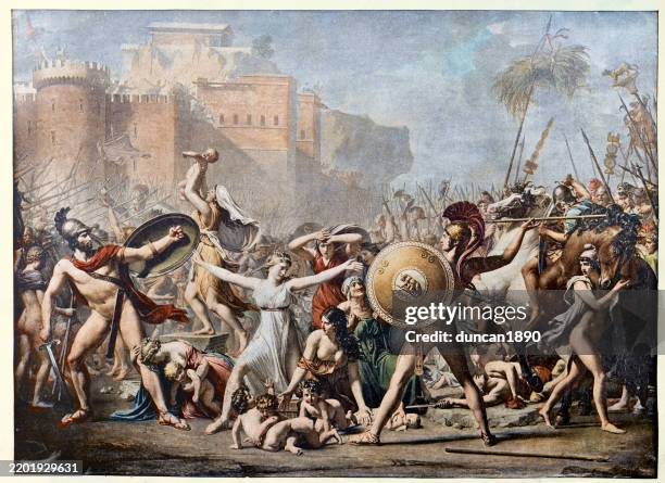 ilustraciones, imágenes clip art, dibujos animados e iconos de stock de la intervención de las sabinas, una pintura de 1799 del pintor francés jacques-louis david, que muestra un episodio legendario tras el rapto de las sabinas por parte de la generación fundadora de roma. - roma antigua