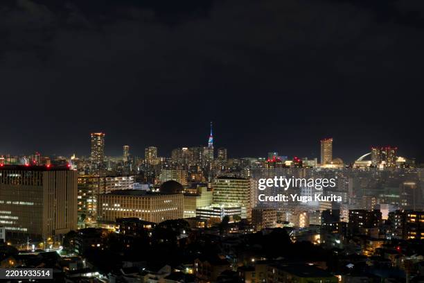 fukuoka skyline in an evening with fukuoka tower at center - fukuoka city stock pictures, royalty-free photos & images