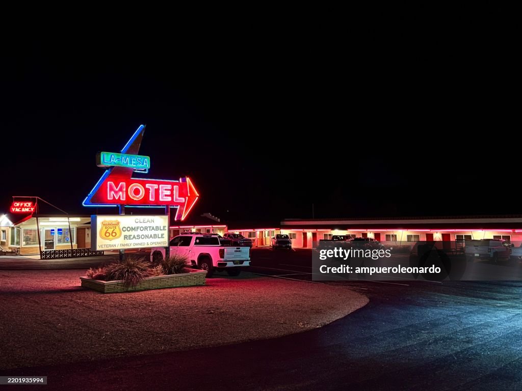 La Mesa Motel sign shining on Route 66 in Santa Rosa, New Mexico