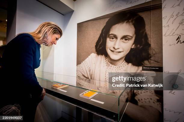 Queen Maxima of The Netherlands visits the Anne Frank exhibition at The Center for Jewish History on February 24, 2025 in New York City. The...